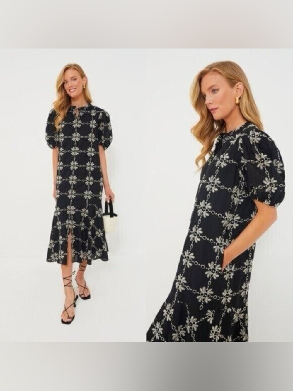 Tuckernuck Black Eyelet Midi Dress with Cream Floral Lattice large